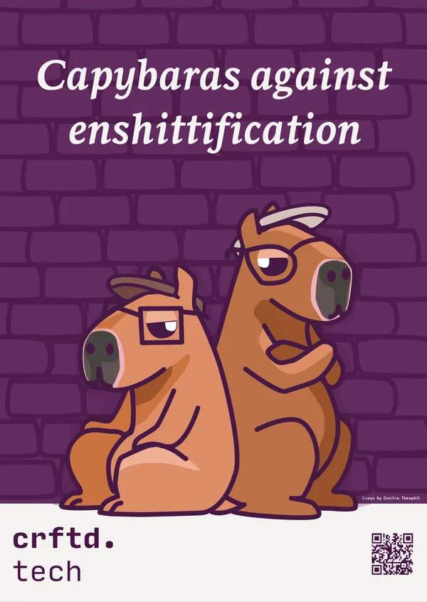 Two capybaras with flatcaps leaning cool against a wall. The title says Capybaras against enshittification